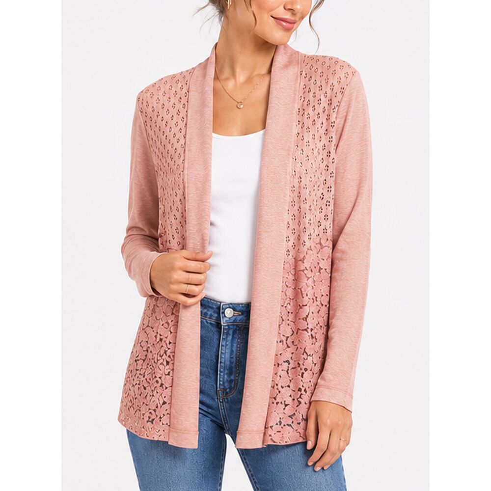 LOGO Lavish Blush Coral Lace Cardigan M Romantic Boho Open Front